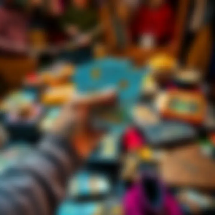 A person holding a colorful Bolognese Tarot deck above a thrift store table filled with various items