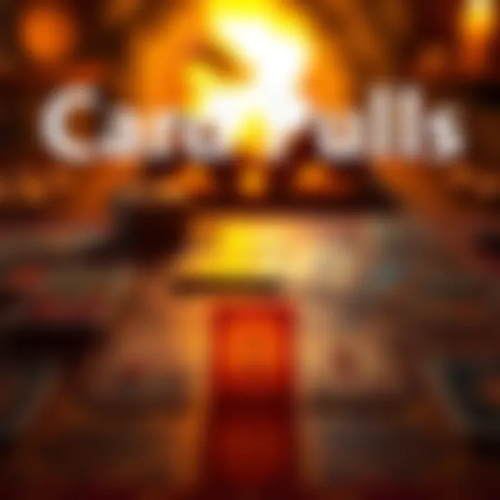 A table with Bonfire Tarot cards spread out, with one card being picked up. The background shows a warm, inviting fire glow.