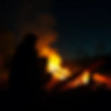 Bonfire at Night A person sitting by a bonfire in the dark, looking around as if feeling watched, with a camera in hand capturing the surroundings.