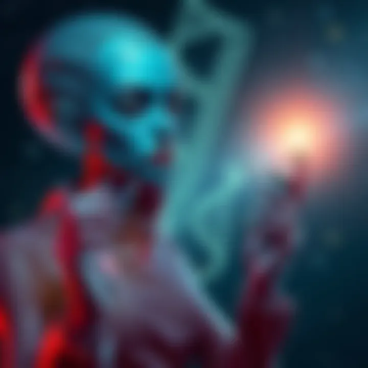 Bonnie Blue as an Alien A depiction of a woman with blue skin and alien features, holding a vial labeled 'DNA', standing under a night sky filled with stars.