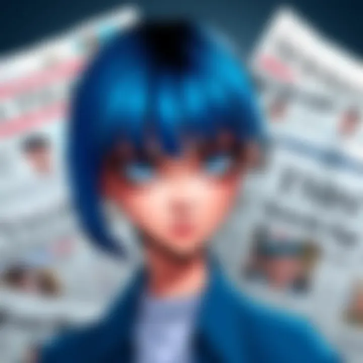 An illustration of Bonnie Blue, a young woman with striking blue hair and a mischievous expression, surrounded by newspaper headlines about grooming gangs, symbolizing distraction in media.