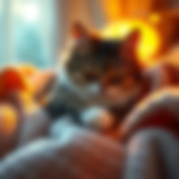 A cozy cat lounging softly on a blanket, symbolizing love and companionship, surrounded by warm memories.