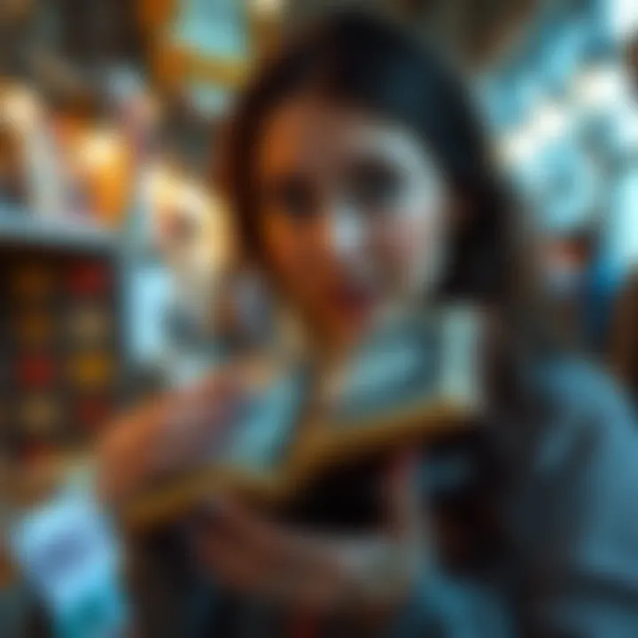 Book Found at Peddler's Mall A woman looks excitedly at a unique book filled with symbols and drawings she discovered at a peddler's mall for $1.