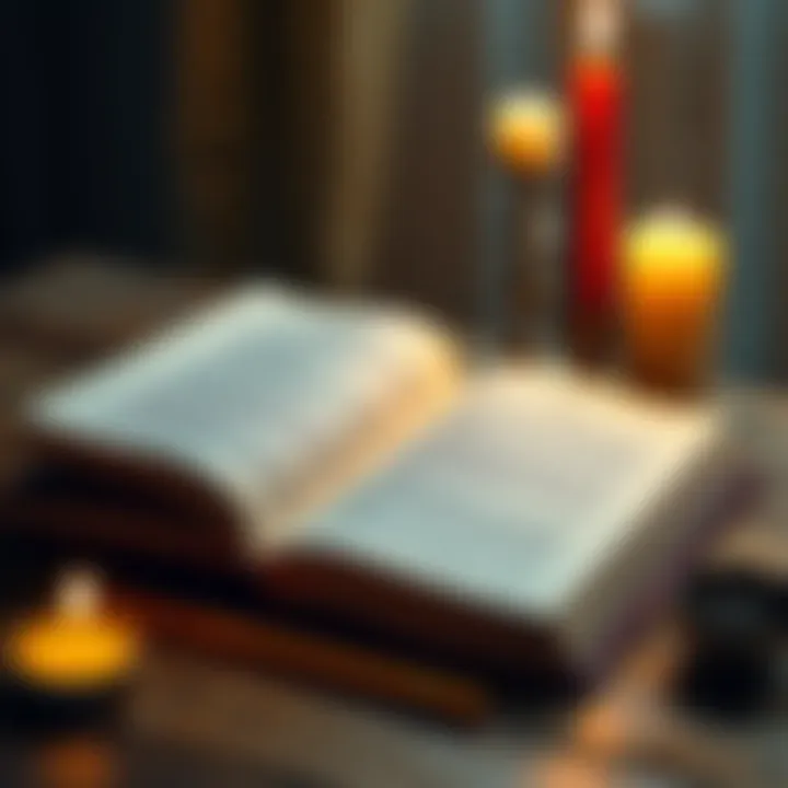 Open book with pages displaying text about German Christian Mysticism and a candle beside it