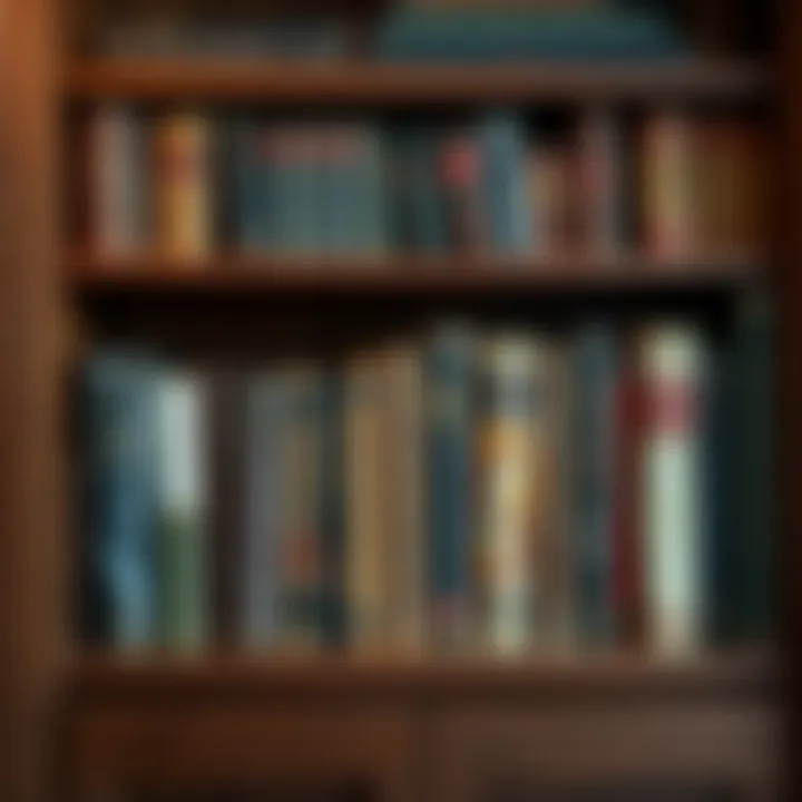 A collection of various old and new books neatly arranged on a wooden shelf, showcasing titles and spines that reflect literary history.