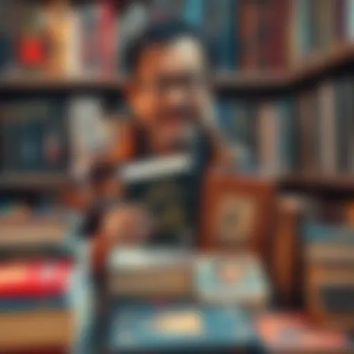 A book collector displays unique hardcover editions, including Sasquatch and John Green titles, surrounded by shelves of books.