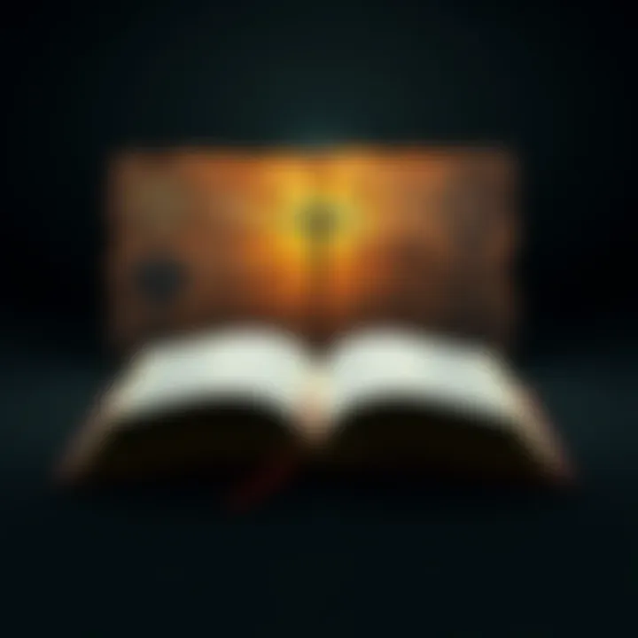 An open ancient book with faded pages, featuring symbols and text related to spirituality.