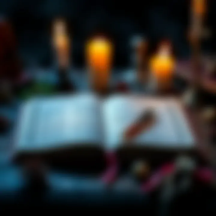 Open Book of Shadows with a pen, candles, and herbs on a table