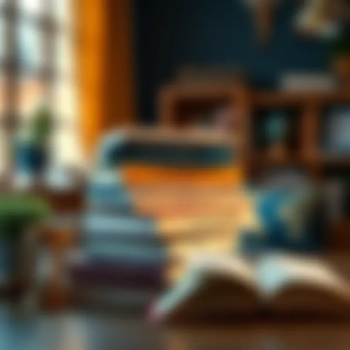 A stack of self-improvement books with a cozy reading setup, inviting suggestions for new titles