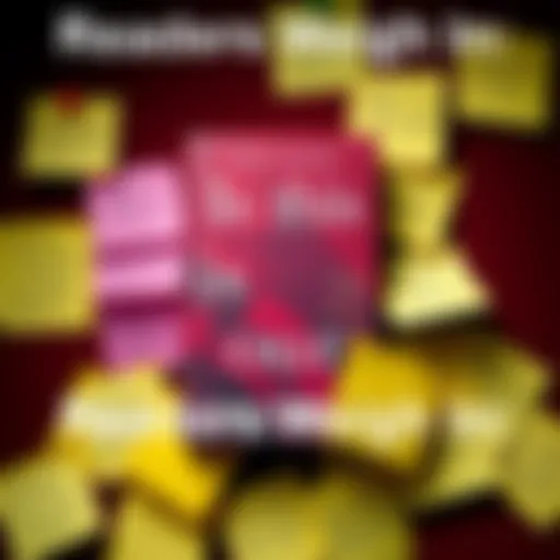 A book cover surrounded by sticky notes with reviews and comments from different readers