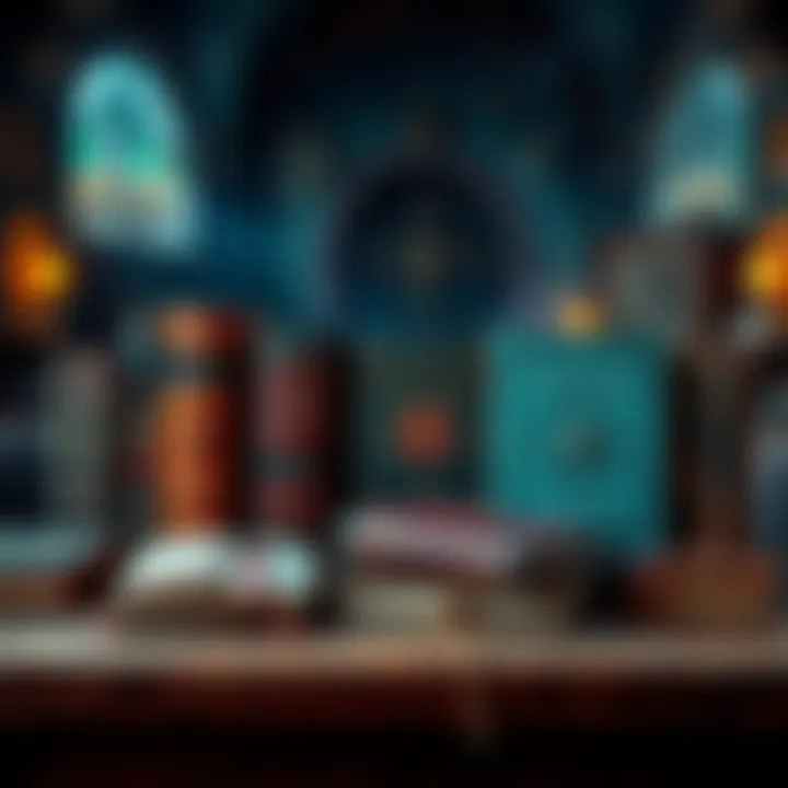 A selection of books about John Dee and Enochian magic displayed on a wooden table