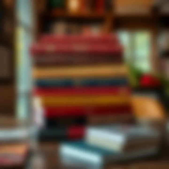 A collection of books about reincarnation and Buddhist teachings stacked on a wooden table