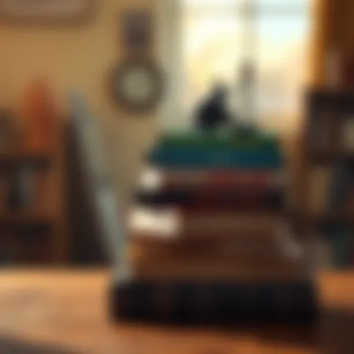 A stack of books including 'How to Slay a Wizard' and 'Animal Farm' with a warm light in the background, symbolizing comfort and empowerment through reading.