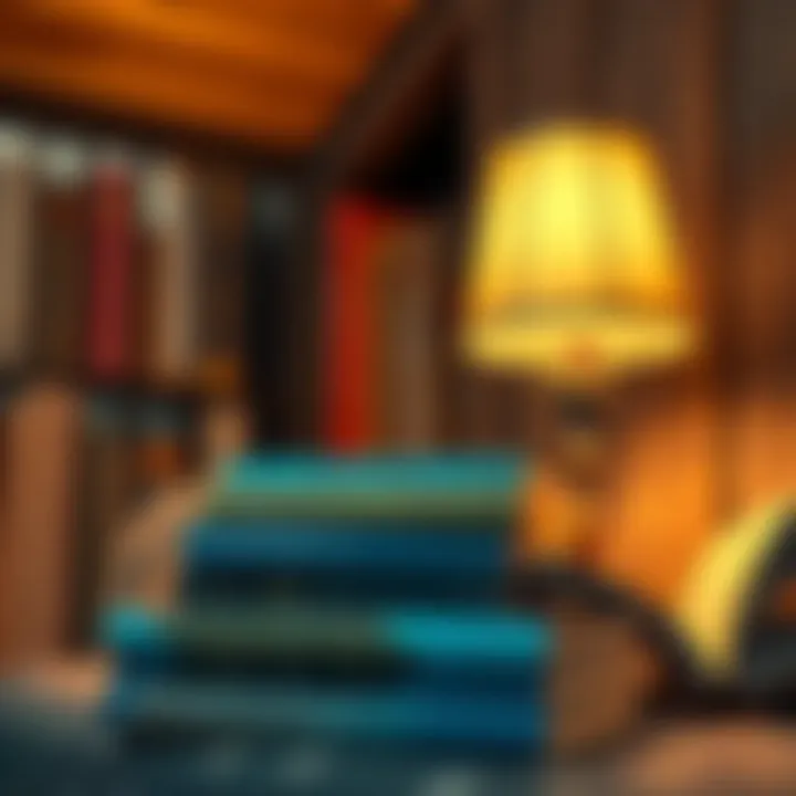 A stack of uplifting books with a warm lamp in a cozy reading nook, creating an inviting atmosphere for readers seeking inspiration.