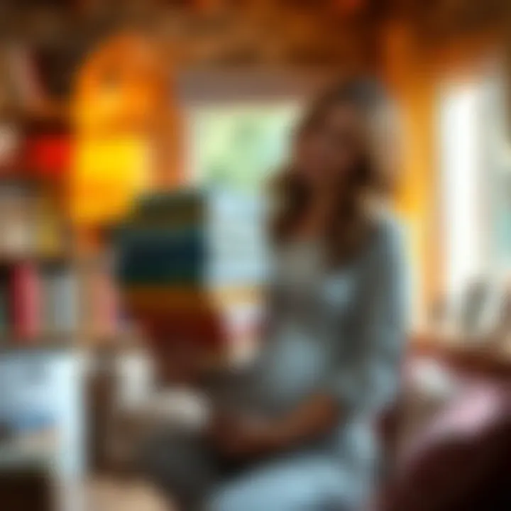 A pregnant woman holding a stack of uplifting books with a hopeful expression, surrounded by a cozy reading nook.