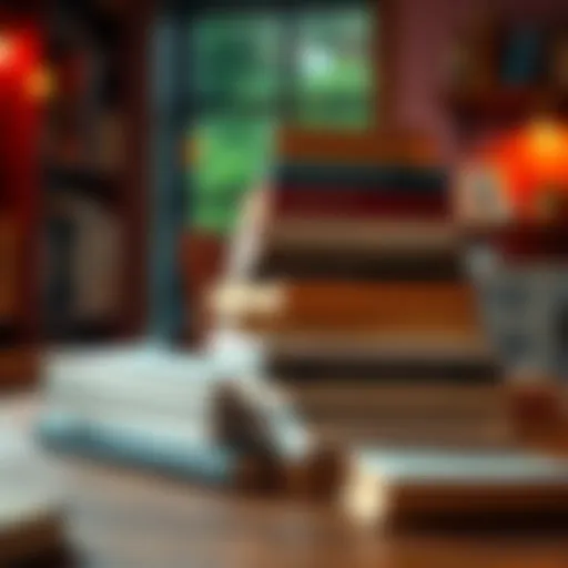 A collection of inspiring books stacked on a table, with warm lighting creating an inviting atmosphere.