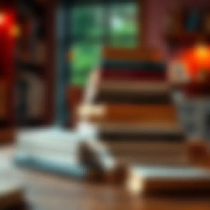 Books for Positive Thinking A collection of inspiring books stacked on a table, with warm lighting creating an inviting atmosphere.