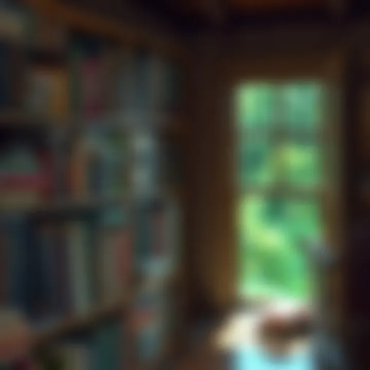 A cozy bookshelf filled with various books and a reading nook nearby