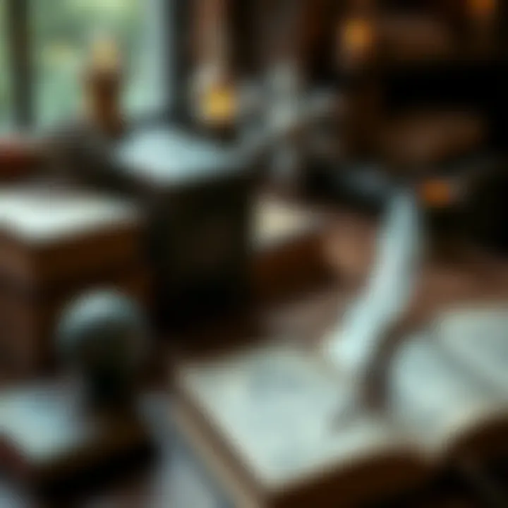 A collection of alchemy books with mystical symbols and a quill on a wooden table