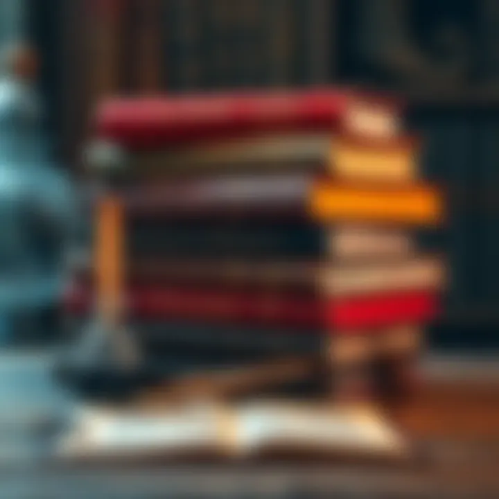 A stack of historical books about alchemy with a quill and ink bottle on a wooden table
