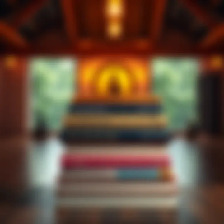 A stack of books about Buddhism with a serene background of a meditation space