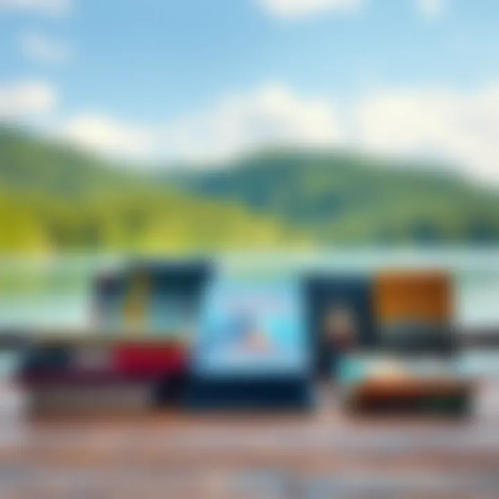 A collection of books about Buddhism displayed on a wooden table with a serene backdrop