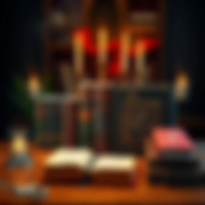 A collection of practical books on Demonology displayed on a wooden table with candles and occult symbols in the background.