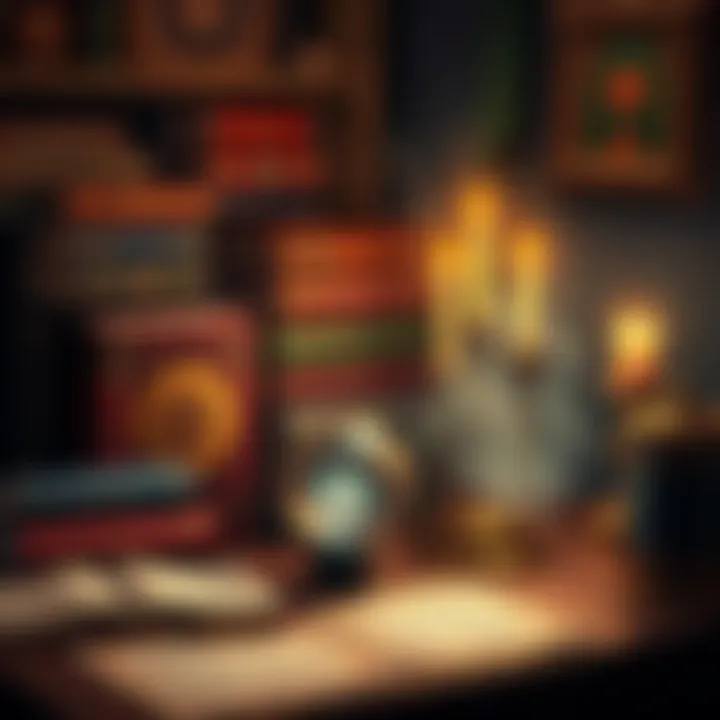 A table filled with various books on magic and ceremonial practices, with candles and a crystal ball nearby.