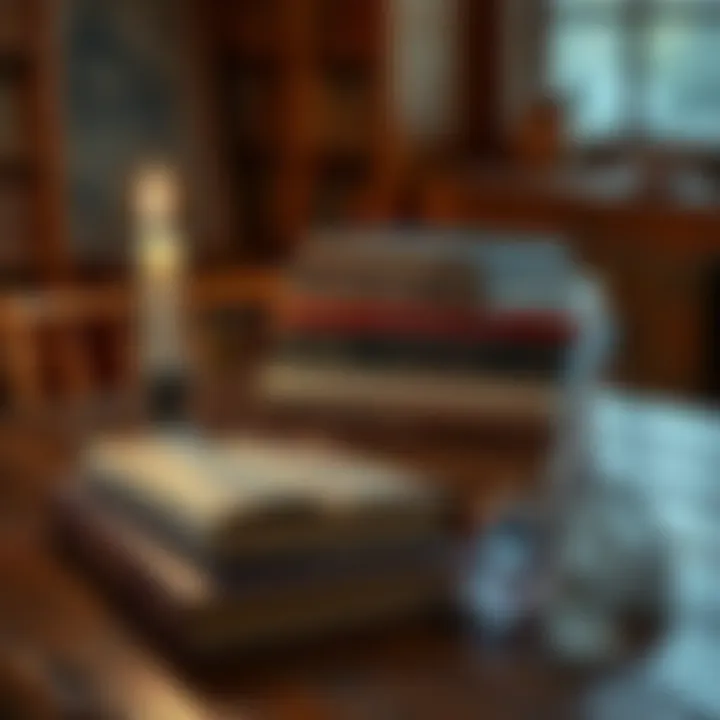 Books on Occult Teachings A collection of books about occult teachings stacked on a wooden table with a candle and crystals beside them.