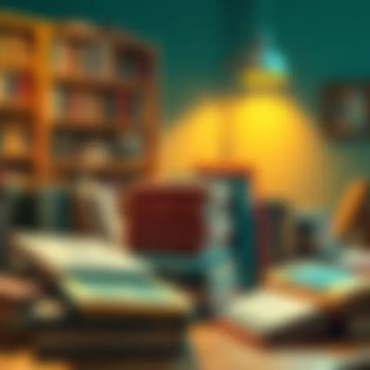 A table filled with various books, symbolizing Jeffrey Epstein's reading habits and interests.