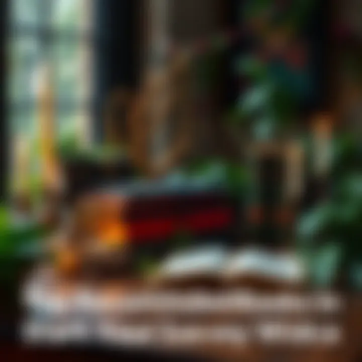 Books on Wicca and Paganism A collection of books about Wicca and paganism on a wooden table surrounded by plants and candles