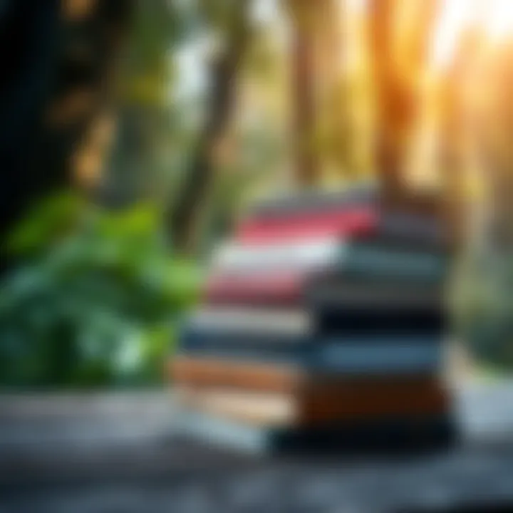 A stack of books related to pantheism and animism on a wooden table, with nature in the background.