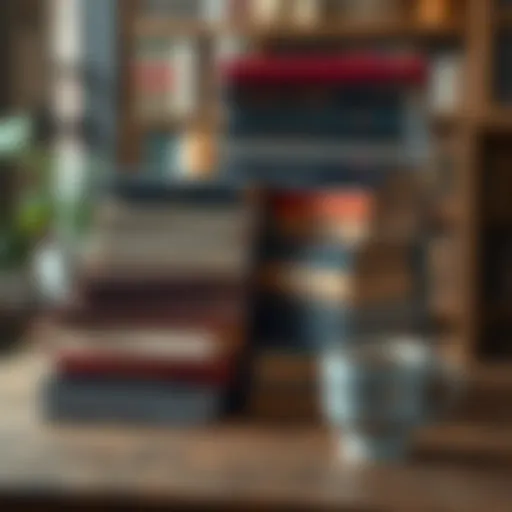 A collection of various books stacked together with a cup of coffee on the side, representing a cozy reading environment