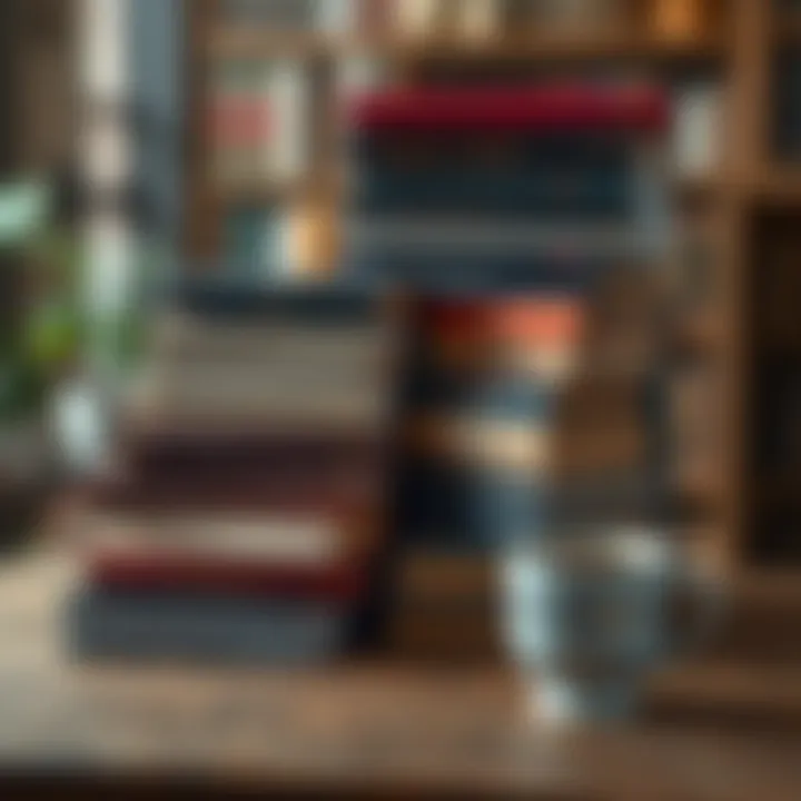 Books and Reading Community A collection of various books stacked together with a cup of coffee on the side, representing a cozy reading environment