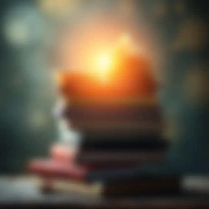 A stack of books with spiritual themes and a glowing light above them