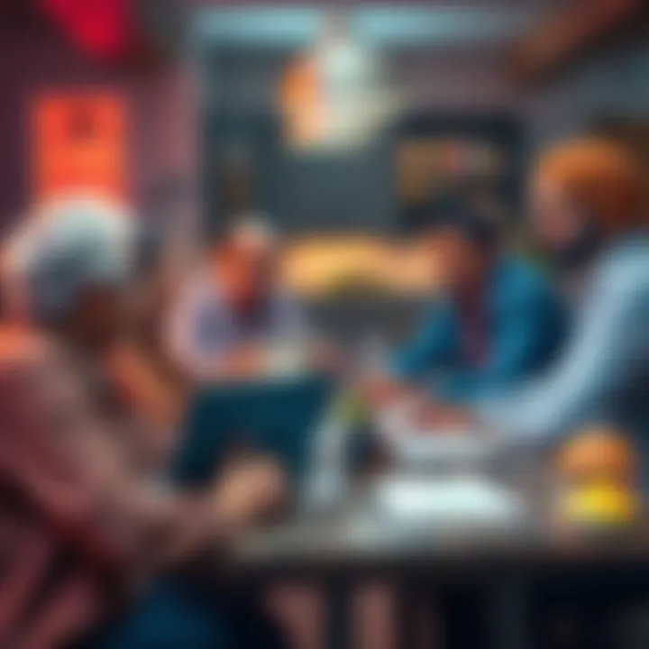 Boomers and Zoomers Discussion A group of older adults and younger people discussing housing issues at a table with papers and laptops, illustrating the generational conflict over rent and inflation.