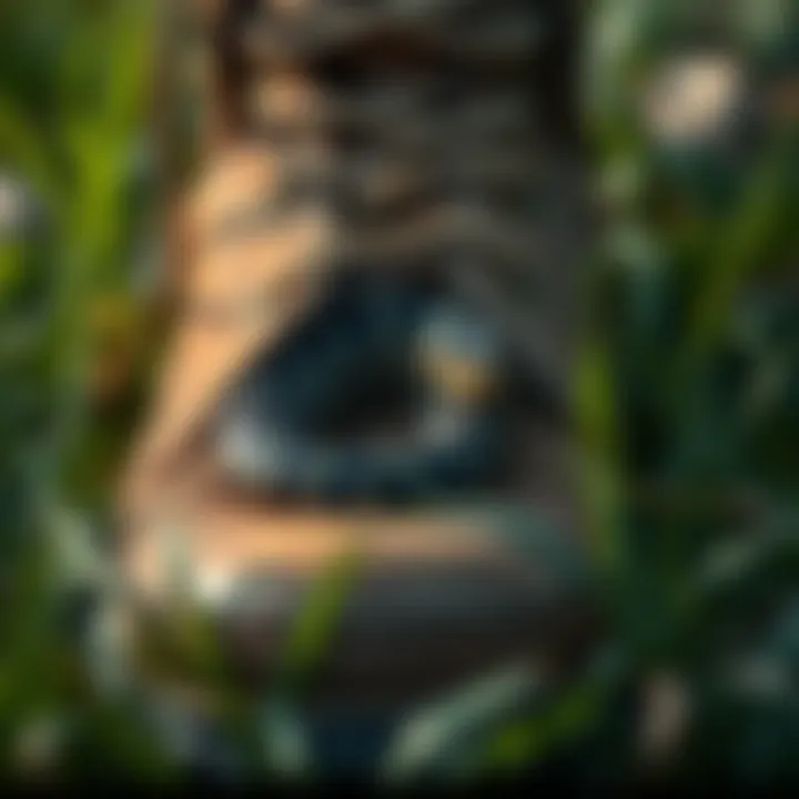 Boot with snake inside A close-up of a boot with a snake curled inside, surrounded by grass and leaves.