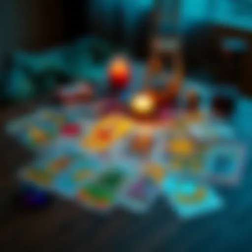 A collection of colorful bootleg tarot cards spread out on a wooden table with a candle and crystals nearby