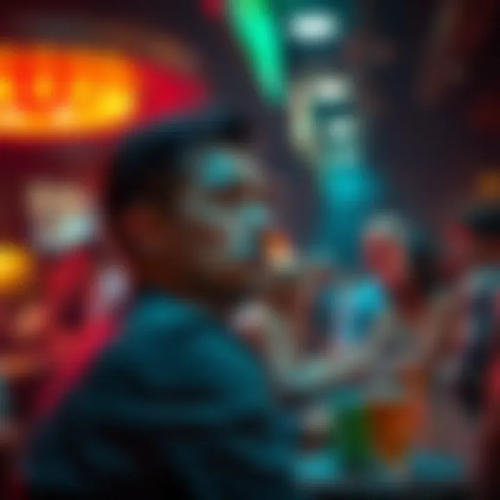 A person sitting at a bar, looking disinterested while others are engaged in lively conversation around them.