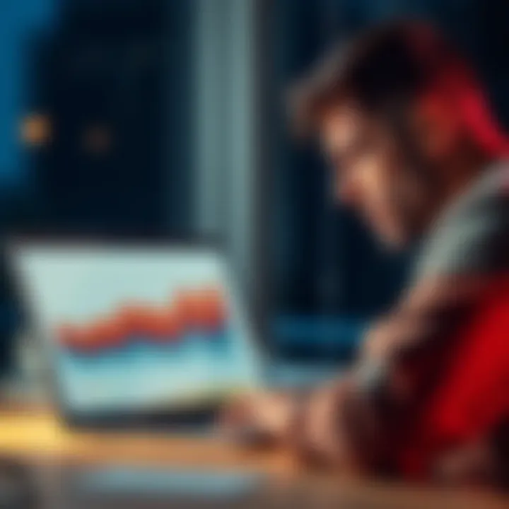 A person looking frustrated at a dull chart on their laptop, reflecting feelings of dissatisfaction and self-criticism.