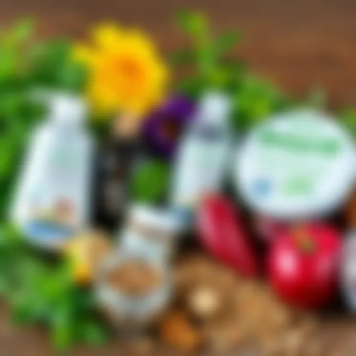 A collection of herbal foot soak products arranged with fresh herbs and plants, showcasing their natural ingredients.