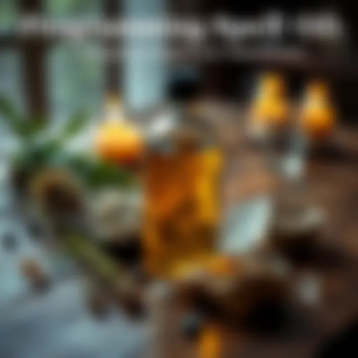 A glass bottle filled with golden spell oil surrounded by herbs and crystals on a wooden table