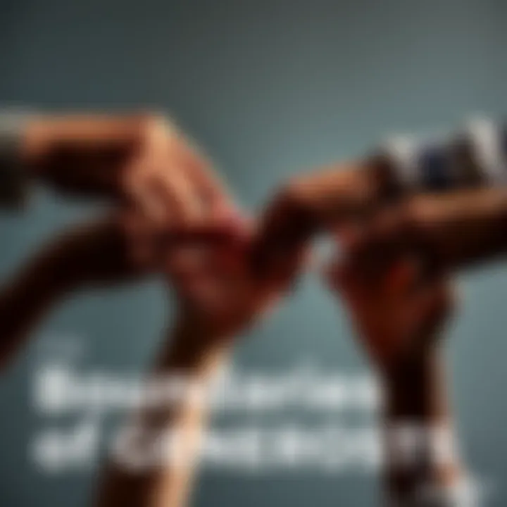 A visual representation of the balance between giving and self-care, featuring diverse hands reaching toward each other but stopping at a border line, symbolizing healthy boundaries.