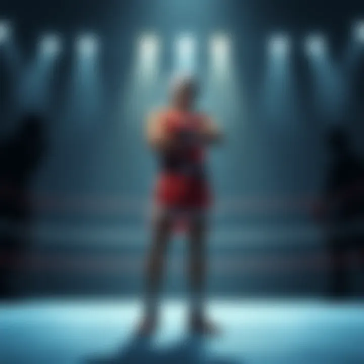 A person in boxing gear stands confidently in a boxing ring, surrounded by shadows of multiple opponents, symbolizing their fight for greatness and personal struggles.