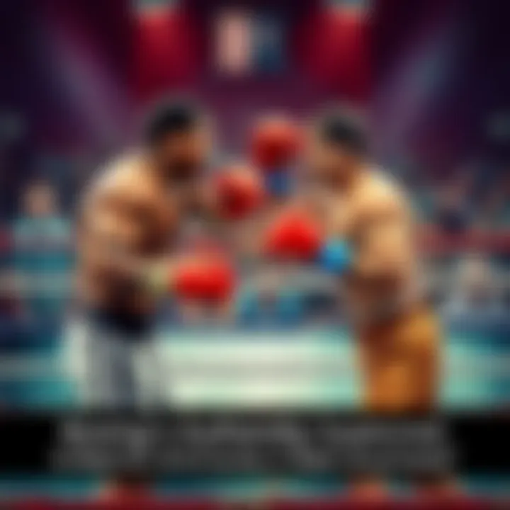 Two boxers in a ring, one wearing red gloves and the other blue, with spectators in the background showing mixed reactions.