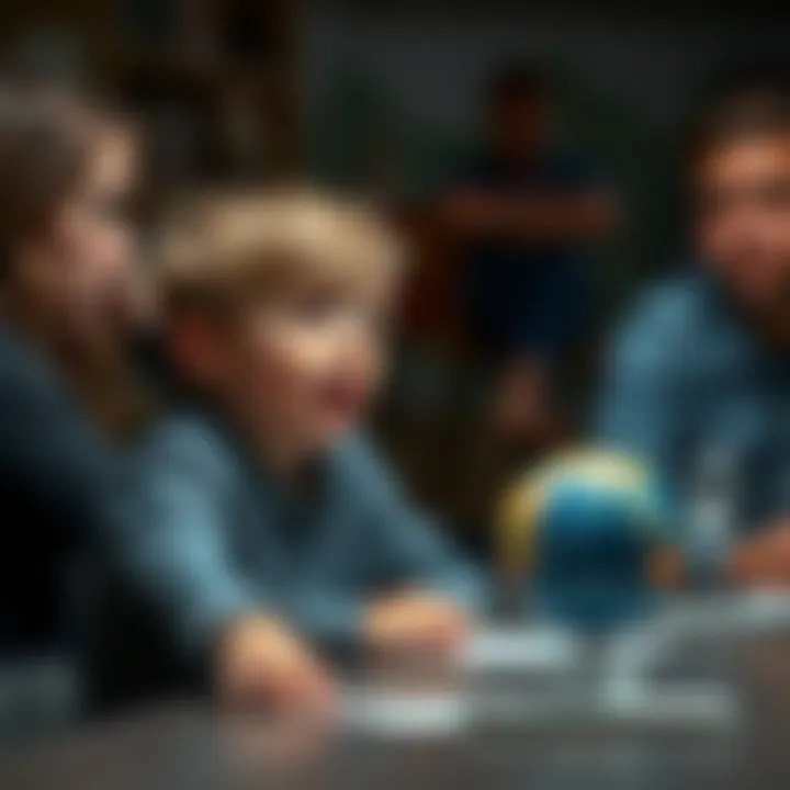 A young boy sitting at a table, speaking animatedly about his beliefs on the Flat Earth, with concerned adults listening nearby.