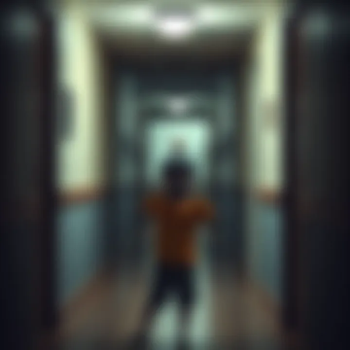 Boy Takes Photo in Retirement Home A young boy stands in a dimly lit hallway of a retirement home, holding a camera, staring at a shadowy figure at the end of the corridor.