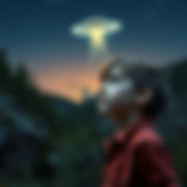 Boy in the Appalachian Mountains A boy looking confused and worried in the forest, with a faint silhouette of a UFO in the night sky