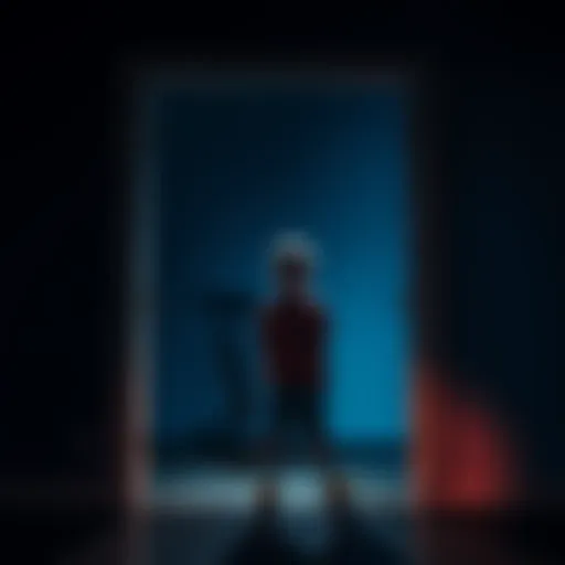 An 11-year-old boy standing outside his dark bedroom, looking fearful, with a rocking chair inside the room. Shadows cast on the wall enhance the spooky atmosphere.