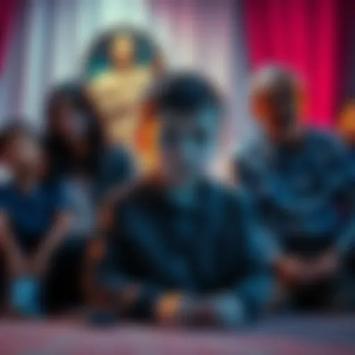 A young boy sitting with a serious expression, seemingly channeling the spirit of his late grandfather during a family gathering, with shocked family members in the background.